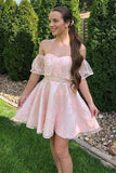 A-Line Off-the-Shoulder Short Pearl Pink Lace Homecoming Dress HG79 Rjerdress
