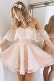 A-Line Off-the-Shoulder Short Pearl Pink Lace Homecoming Dress HG79 Rjerdress