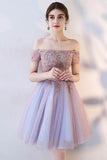 A Line Off the Shoulder Short Sleeve Lace Appliques Tulle Short Homecoming Dresses RJS02