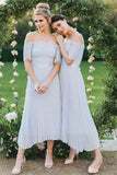 A-Line Off-the-Shoulder Short Sleeve Pleated Chiffon Bridesmaid Dress with Lace