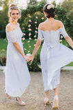 A-Line Off-the-Shoulder Short Sleeve Pleated Chiffon Bridesmaid Dress with Lace Rjerdress