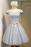 A-Line Off the Shoulder Short Sleeveless Scoop Grey Tulle Lace up Homecoming Dresses RJS964