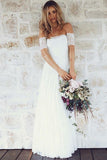 A Line Off-the-Shoulder Short Sleeves Backless Lace Boho Wedding Dresses Rjerdress