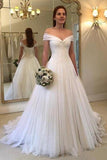 A Line Off the Shoulder Simple Sweetheart Ivory Beach Wedding Dresses Bride Gown RJS447
