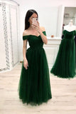 A Line Off the Shoulder Sweetheart Prom Dresses Long Tulle Green Formal Dresses RJS898