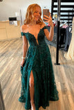 A Line Off the Shoulder Tulle Green Long Applique Prom Dresses With Slit