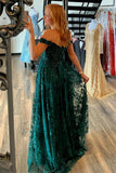 A Line Off the Shoulder Tulle Green Long Applique Prom Dresses With Slit Rjerdress
