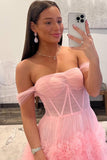 A-Line Off the Shoulder Tulle Princecss Prom Dress with Slit Rjerdress