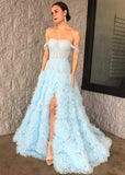 A-Line Off the Shoulder Tulle Princecss Prom Dress with Slit Rjerdress