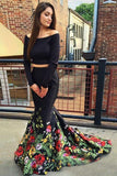A Line Off the Shoulder Two Piece Long Sleeve Satin Floral Scoop Long Prom Dresses rjs188