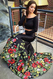 A Line Off the Shoulder Two Piece Long Sleeve Satin Floral Scoop Long Prom Dresses rjs188 Rjerdress