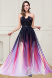 A-Line Ombre Sleeveless Strapless Open Back Long Gradient Chiffon Prom Dresses UK RJS373