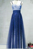 A Line Ombre Spaghetti Straps Tulle Blue Sequins Sweetheart Prom Dresses Rjerdress