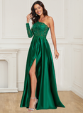 A Line One Long Sleeve Satin Green Lace Formal Dresses Side Slit Prom Dresses Rjerdress