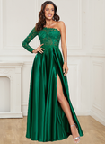 A Line One Long Sleeve Satin Green Lace Formal Dresses Side Slit Prom Dresses Rjerdress