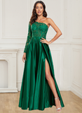 A Line One Long Sleeve Satin Green Lace Formal Dresses Side Slit Prom Dresses