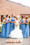 A-Line One-Shoulder Floor-Length Blue Ruched Chiffon Bridesmaid Dress