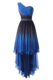 A Line One Shoulder Ombre Chiffon Blue Ruffles Cocktail Dresses Homecoming Dresses Rjerdress