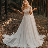 A Line One Shoulder Ruched Tulle Beach Boho Wedding Dress With Appliqued & Beading Rjerdress
