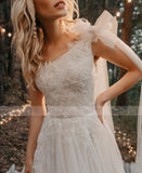A Line One Shoulder Ruched Tulle Beach Boho Wedding Dress With Appliqued & Beading Rjerdress