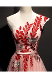 A Line One Shoulder Tulle Red Applique Long Prom Dress Evening Dress Rjerdress
