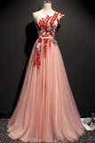 A Line One Shoulder Tulle Red Applique Long Prom Dress Evening Dress