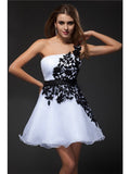 A Line One Shoulder White Homecoming Dress with Black Lace Knee Length Cocktail Dress
