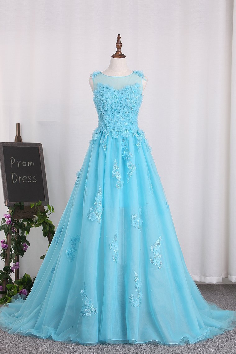 A Line Party Dresses Tulle Bateau With Applique And Handmade Flower Sweep Train Rjerdress