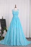 A Line Party Dresses Tulle Bateau With Applique And Handmade Flower Sweep Train