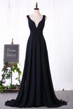 A Line Party Dresses V Neck Chiffon With Applique And Slit Rjerdress