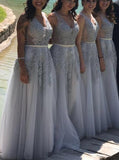 A-Line Peach Lace Custom Cheap Tulle Open Back Sleeveless V Neck Bridesmaid Dresses RJS25