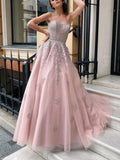 A-Line Peach Tulle Sleeveless Pink Applique Sweetheart Open Back Prom Dresses RJS795