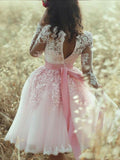 A-Line Pink Long Sleeves Sweetheart Lace Tulle Short Mini Homecoming Dresses RJS575 Rjerdress