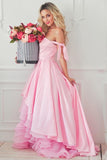 A-Line Pink Off the Shoulder Sweetheart Satin Lace up High-Low Prom Evening Dresses RJS515