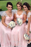 A-Line Pink Princess Cap Sleeves Sweetheart Floor-Length Beads Chiffon Bridesmaid Dresses Rjerdress
