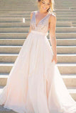 A Line Pink V Neck Sequins Simple Long Cheap Chiffon Backless Sleeveless Prom Dresses RJS616
