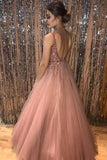 A Line Pink V Neck Tulle Sequin Beads Long Prom Dress Cheap Graduation Dresses RJS850 Rjerdress