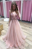 A Line Pink V Neck Tulle Sequin Beads Long Prom Dress Cheap Graduation Dresses RJS850
