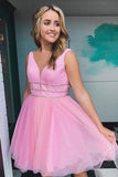 A Line Pink V Neck Tulle V Back Cute Short Cocktail Dresses Homecoming Dresses UK RJS884