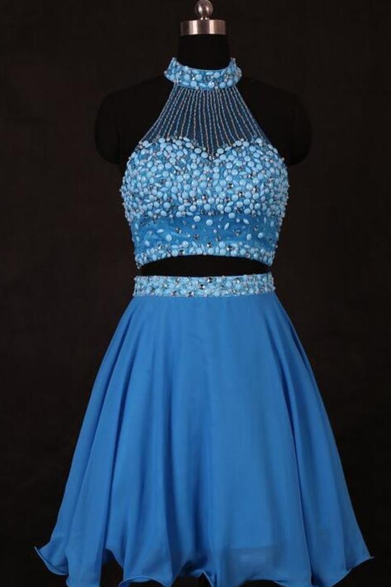A Line/Princess Halter Homecoming Dresses Chiffon Beaded Bodice Two Pieces Rjerdress