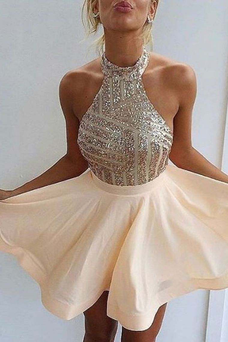 A Line/Princess Halter Homecoming Dresses Chiffon Open Back With Beadings Rjerdress