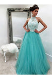 A-Line/Princess Halter Sleeveless Floor-Length Lace Tulle Dresses