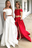 A-Line Princess Off-the-Shoulder Sleeveless Brush Train Lace Satin Two Piece Prom Dresses RJS562 Rjerdress