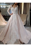 A-Line/Princess Satin Applique V-Neck Long Sleeves Sweep/Brush Train Wedding Dresses Rjerdress