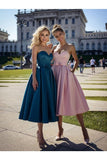 A-Line/Princess Satin Bowknot Sweetheart Sleeveless Tea-Length Homecoming Dresses Rjerdress