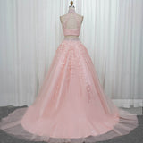 A-Line/Princess Sleeveless Halter Floor-Length Applique Tulle Two Piece Prom Dresses Rjerdress