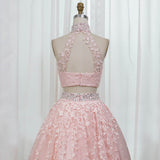A-Line/Princess Sleeveless Halter Floor-Length Applique Tulle Two Piece Prom Dresses Rjerdress