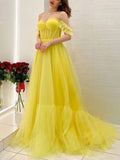 A-Line/Princess Sleeveless Off-The-Shoulder Floor-Length Tulle Prom Dresses Rjerdress