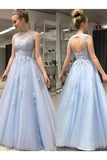 A-Line/Princess Sleeveless Sheer Neck Floor-Length Applique Tulle Dresses