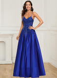 A-Line/Princess Sleeveless Spaghetti Straps Floor-Length Applique Satin Prom Dresses